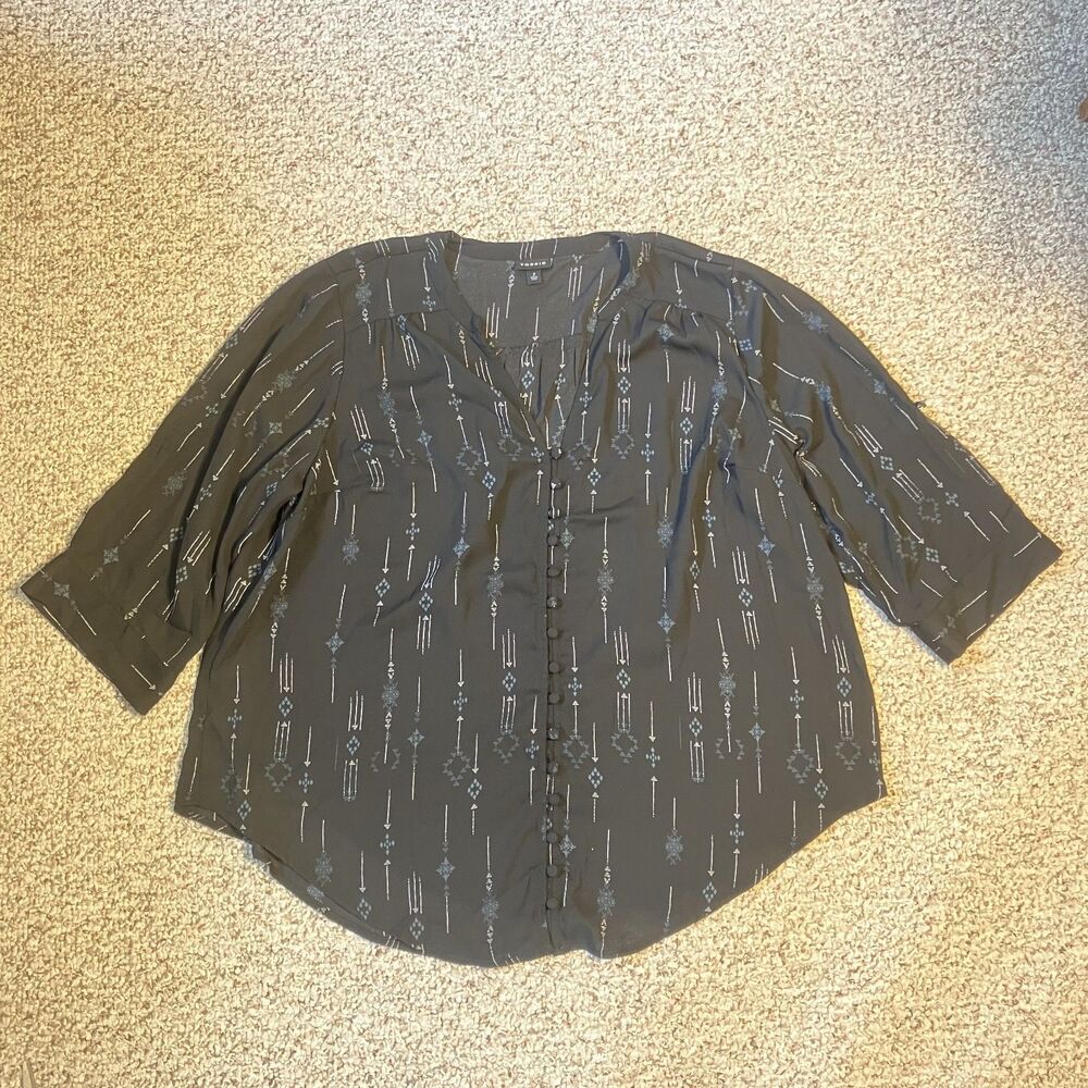 Torrid Women Button Up Blouse Top V Neck Plus Size 2 2X Harper Arrow Black Sheer